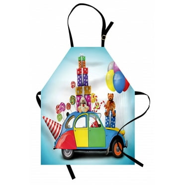 Birthday Apron Colorful Car with Presents Toys Holiday Lollipops Party Hat Balloons Celebration, Unisex Kitchen Bib Apron with Adjustable Neck for Cooking Baking Gardening, Multicolor, by Ambesonne