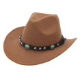 thumbnail image 4 of Unisex Western Cowboy Hat with Turquoise Bead Band, Classic Wide Brim Faux Wool Felt Fedora Hat for Costume Party and Outdoor Daily Wear,Khaki, 4 of 5