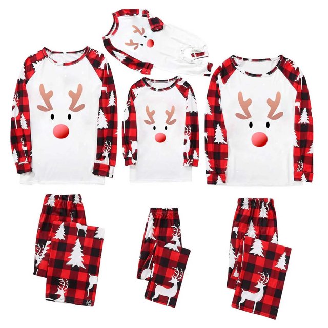 Pyjamas de Noël à Carreaux pour Famille Bébé Confortables et Décontractés Ensemble de Pyjama de Noël pour Famille Imprimé Col Rond Manches Longues Pantalons Longs Vêtements Pyjamas Rouges 3-6 Mois