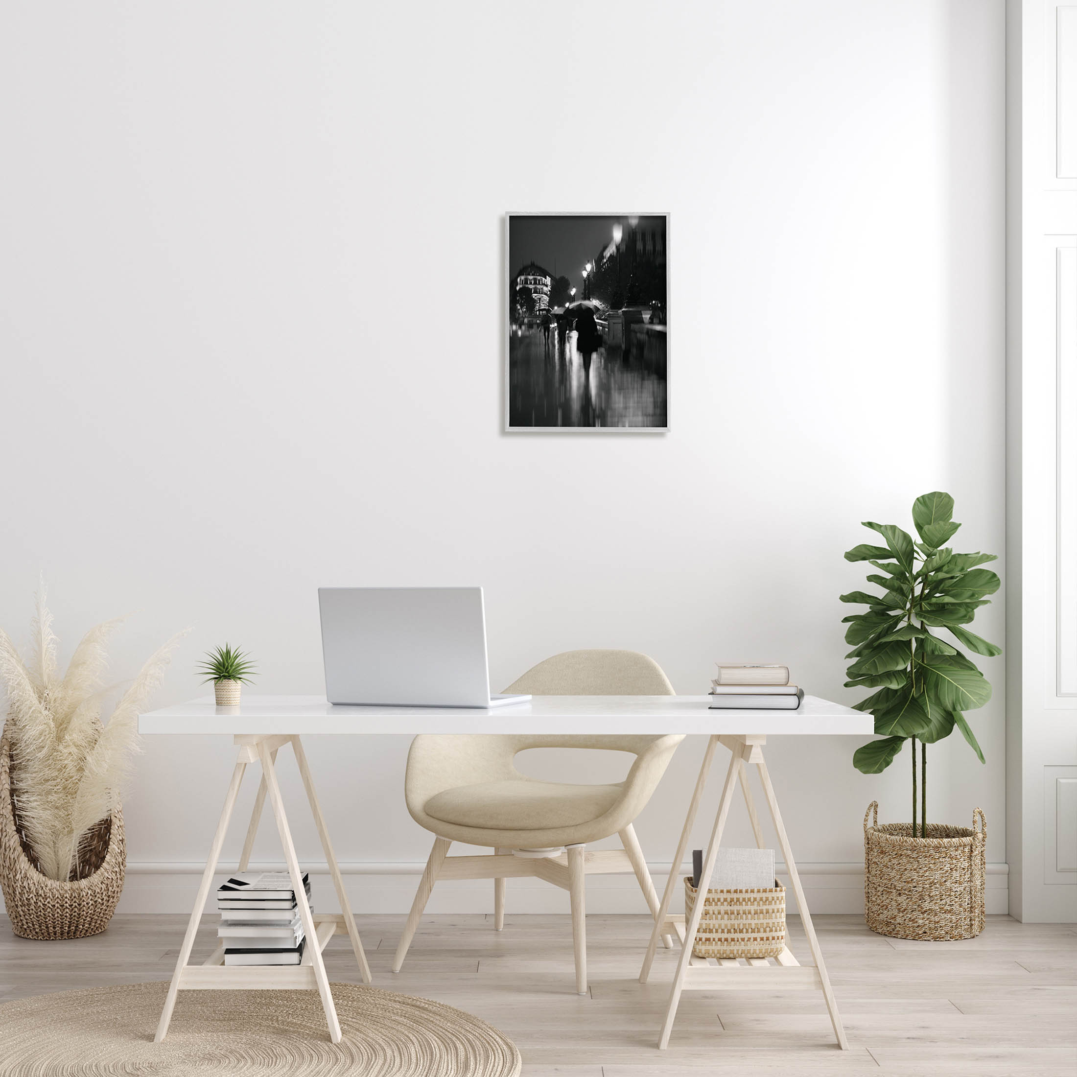 Walking In Rain Urban Buildings Town & City Photograph Gray Framed Art Print Wall Art