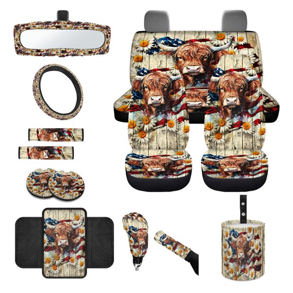 Renewold Highland Cow Daisy US Flag 14 PCS Car Accessories Set, Car Seat Protector Steering Wheel Cover Seatbelt Strap Pad Trash Can Armrest Pad Cup Coasters Rearview Mirror Cover Handbrake Cover Set