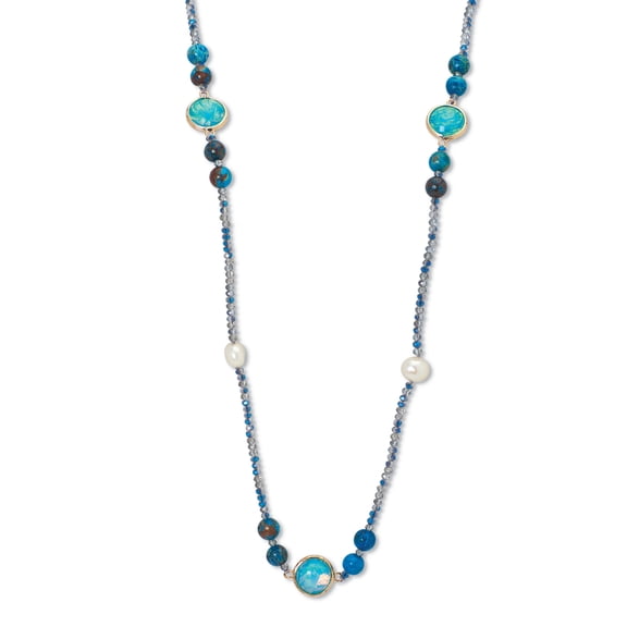 Simulated Blue Opal and Genuine Jasper Goldtone Beaded Necklace 38-inch
