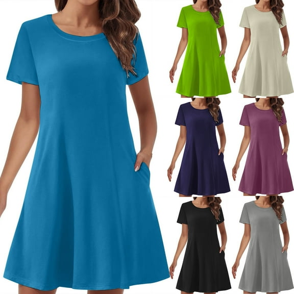 Kmdttou Women's Short Sleeve Loose Plain Dresses Women's Summer Solid Color Double Pocket Short Sleeve Round Neck T-shirt Dress