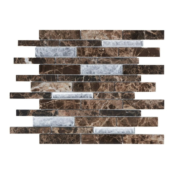 Modket TDH464NS Brown Emperador Dark Marble Stone Silver Foiled Glass Mosaic Tile Backsplash