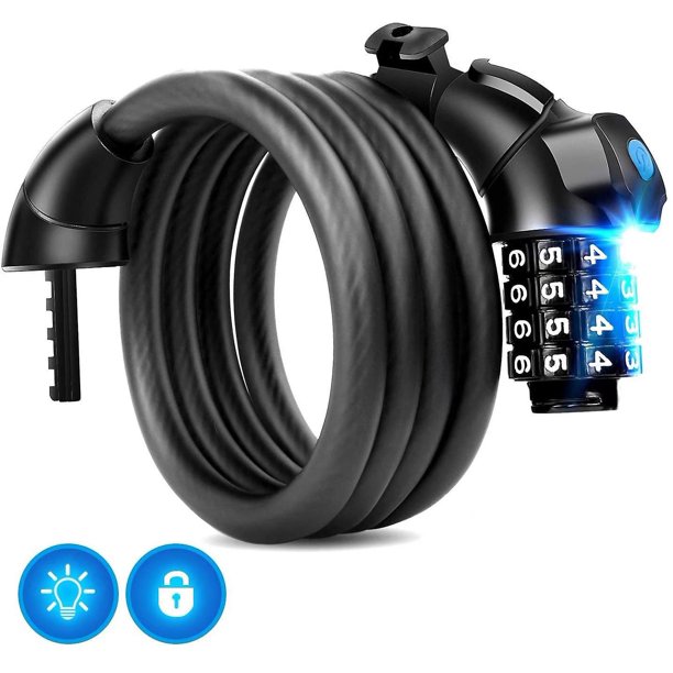 Candado para bicicleta a prueba de agua, candado con cable de metal de 150 cm Candado para bicicleta Candado con combinación multifuncional de 4 dígitos, con soporte de montaña con luz LED para m