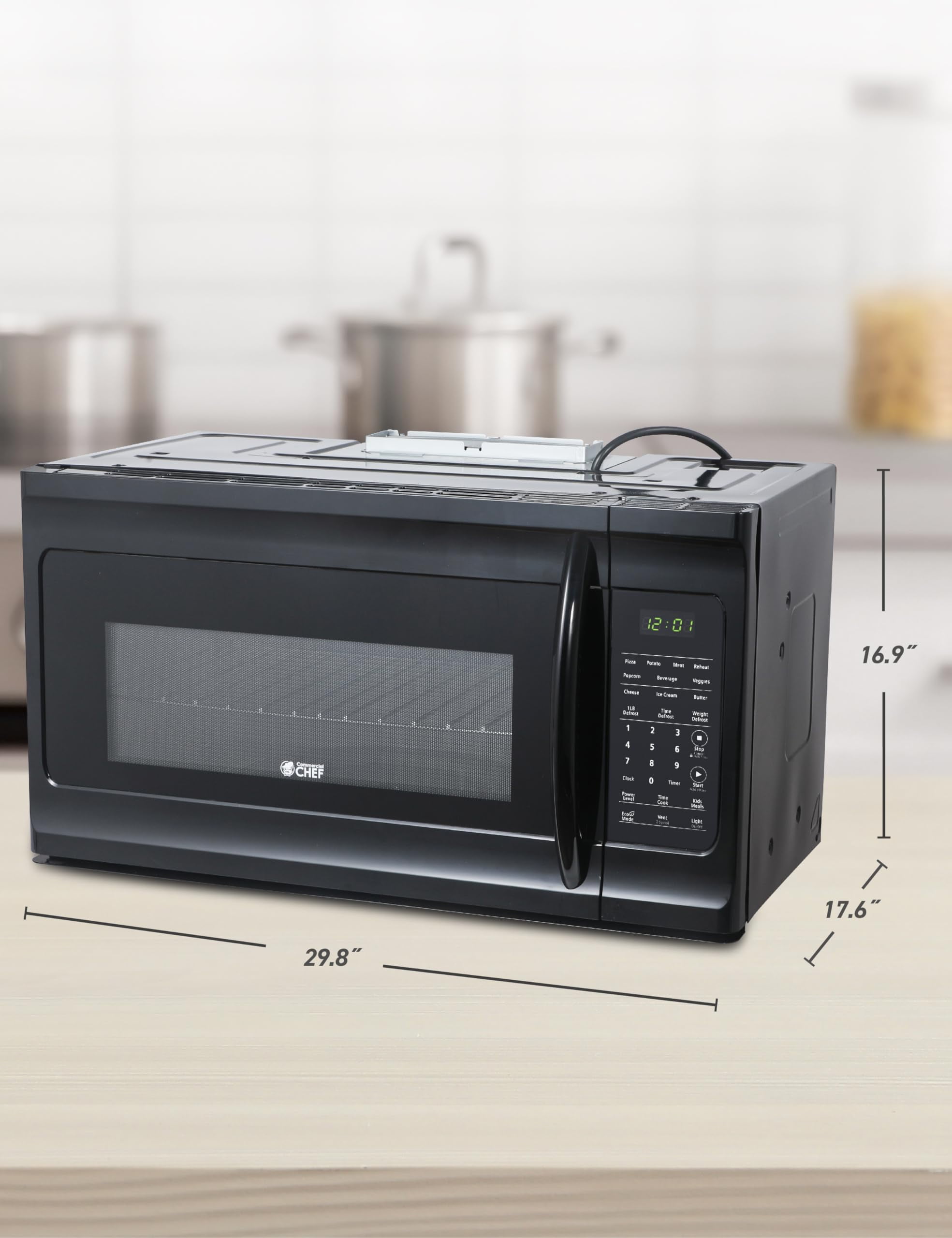Commercial Chef 1.7 Cu. Ft. Over-The-Range Microwave Oven, 1000 Watt Microwave with 10 Power Levels, 300 CFM Hidden Vent Hood Fan, Touch Controls, LED Display, 10 Preset Options, CHMR17GB, Black