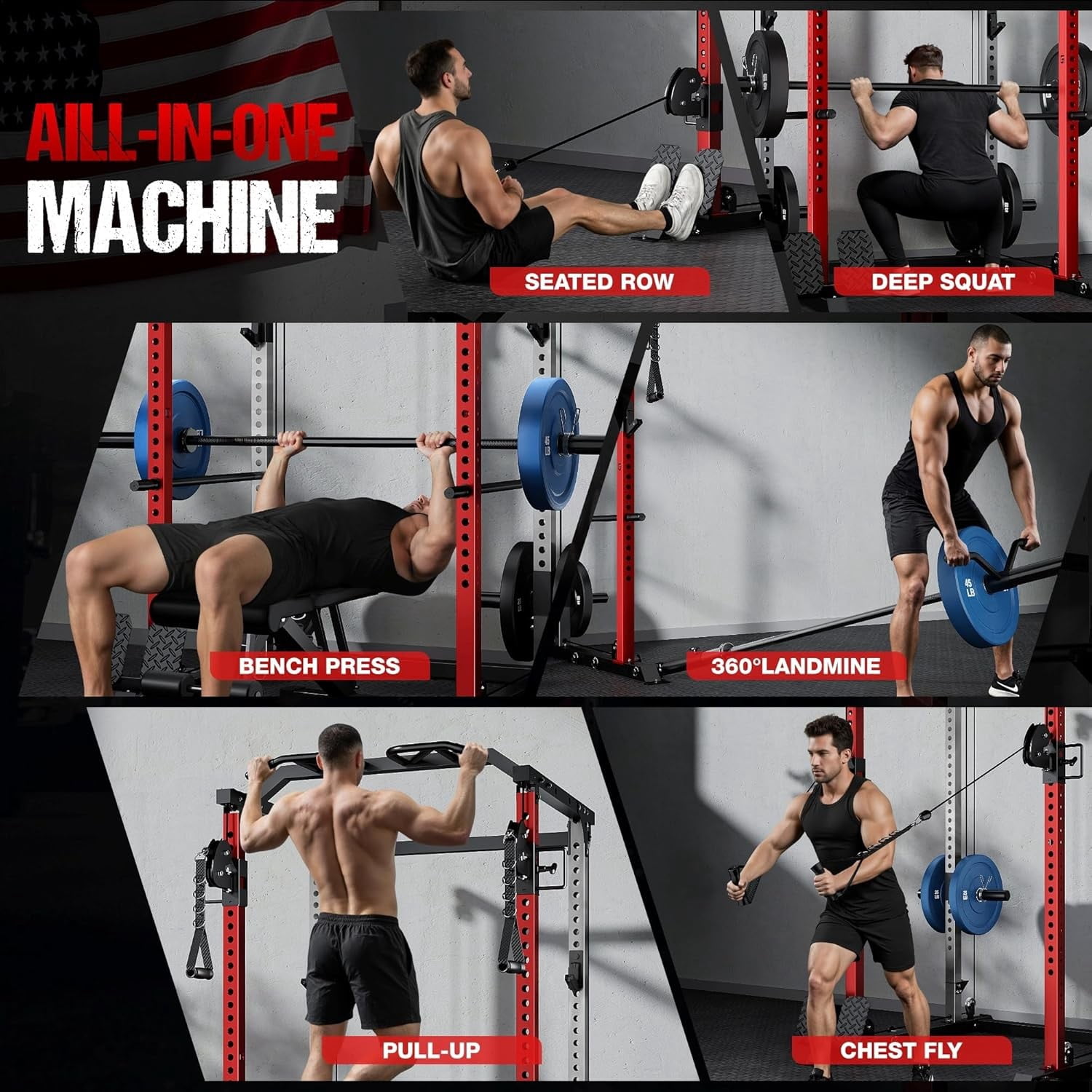 Power Cage, 2000LBS Squat Rack with with Cable Crossover and Dual Independent Pulley System, Full Cage for Full Body Training, Power Rack with More Training Attachments for Home Gym
