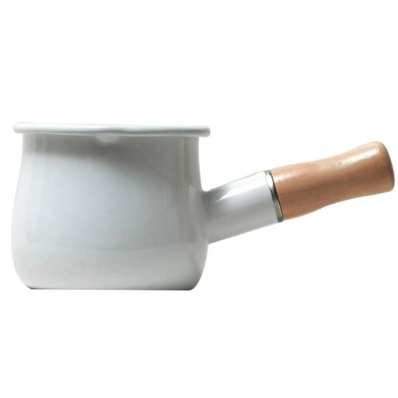 Enamel Milk Warmer Pot, Japanese Style Mini Saucepan, White Butter Melter with Wood Handle, Single Serve Stove Top Cookware for Sauce, Coffee