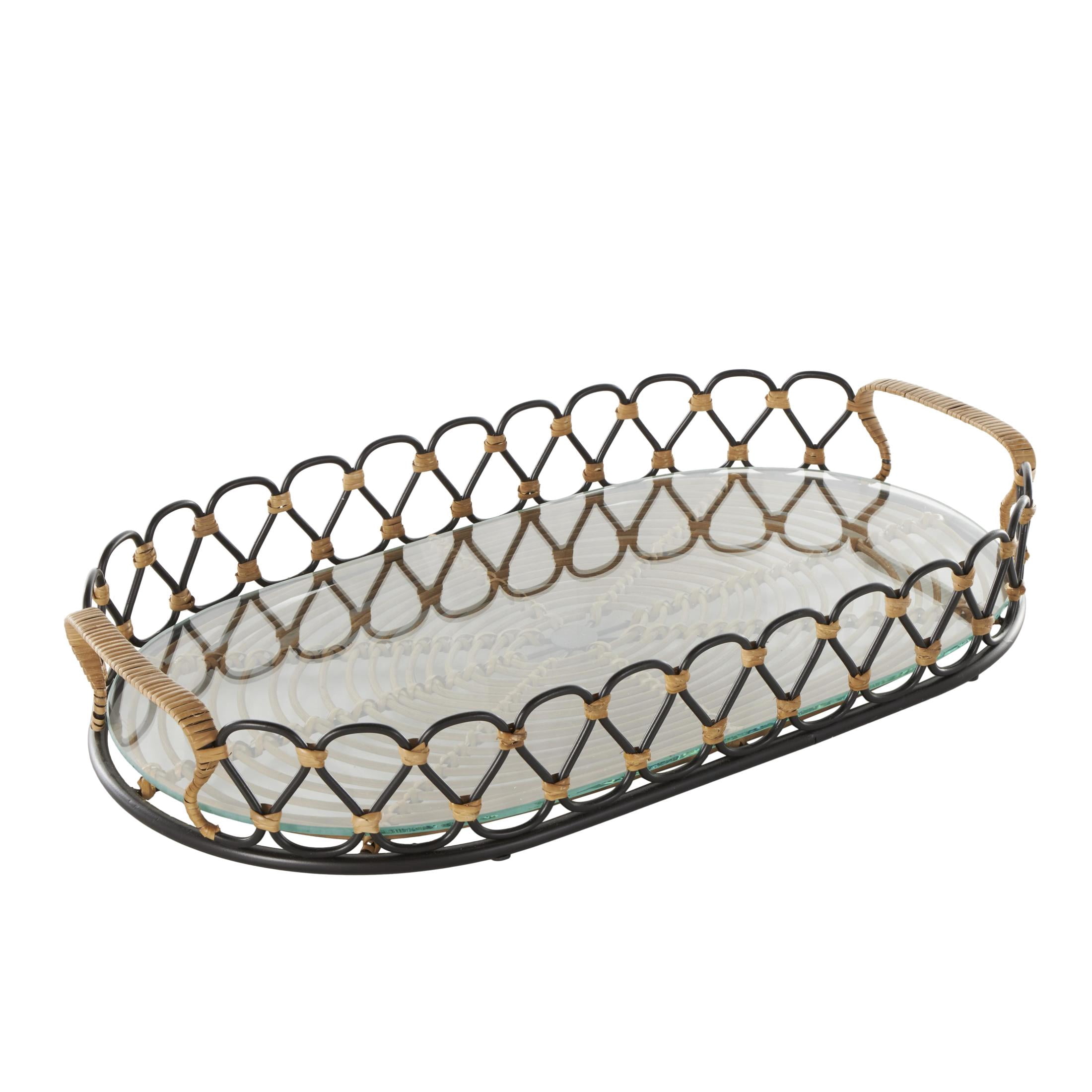 DecMode 22" x 12" Black Metal Circular Woven Tray with Glass Base, 1-Piece