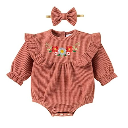 

StylesILove Infant Baby Girls Embroidered Floral Corduroy Long Sleeve Romper & Bowknot Headband 2pcs Retro Ruffle Jumpsuit Outfit (Pink 6 Months)