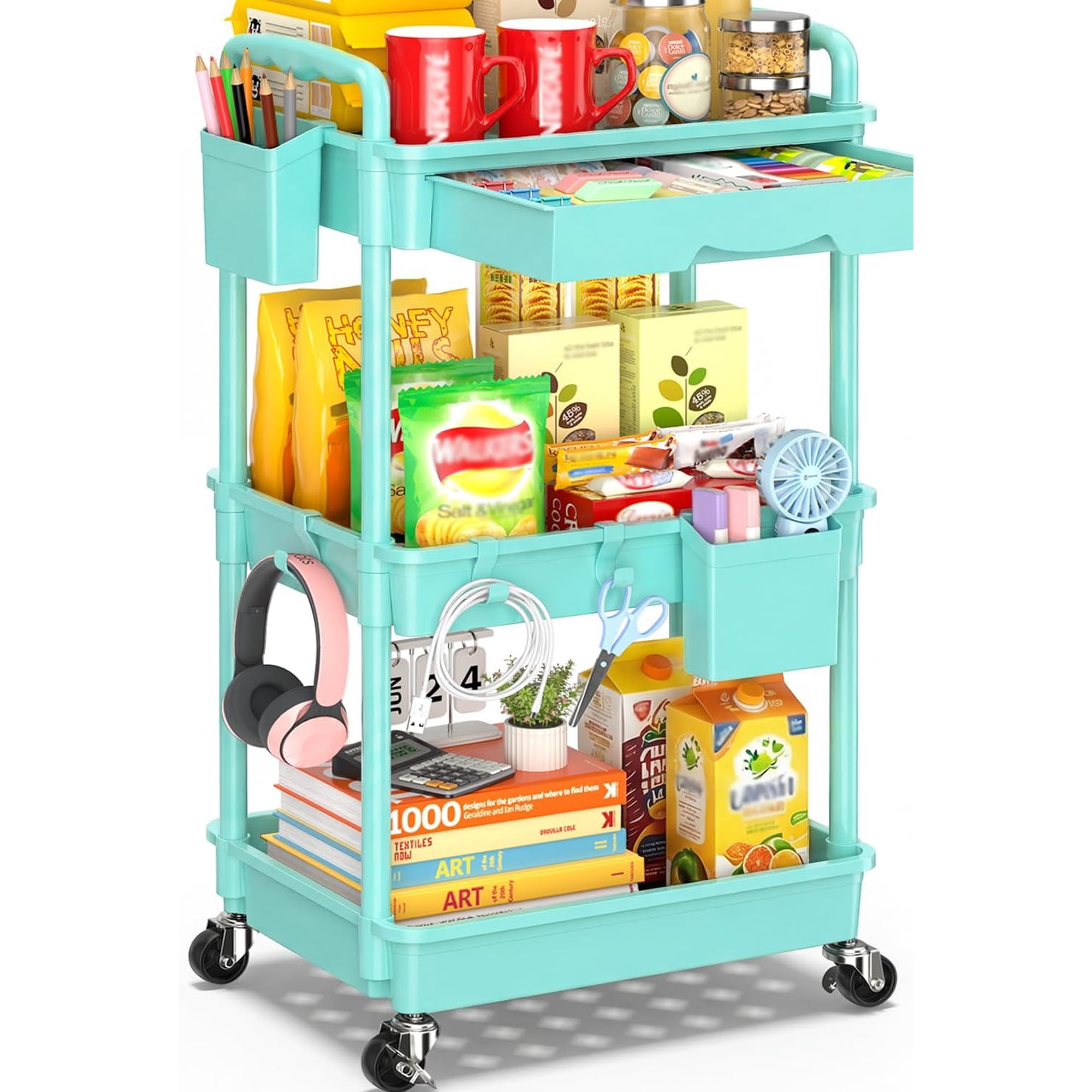 3-Tier Rolling Cart with Drawer & Lockable Wheels Bathroom Storage Organizer Multifunctional Rolling Storage Cart for Bathroom Kitchen Office Craft Makeup Baby Essentials Blue