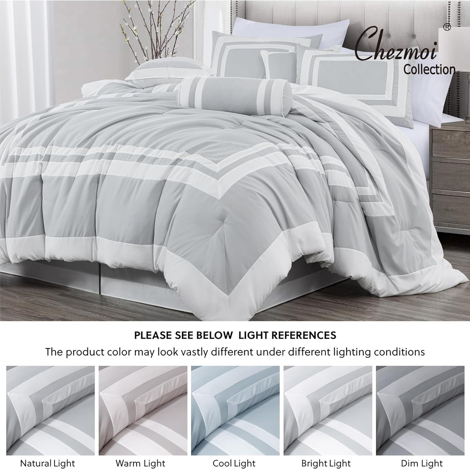 Chezmoi Collection Caprice 7-Piece Hotel Style Comforter Set California King Size, Silver/White Square Pattern Color Block Bedding w/Decorative Pillows, Luxurious Lightweight All Season Bed Set