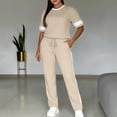 thumbnail image 2 of Women's Casual Side Stripe Drawstring Pants Set with Short Sleeve Shirt, Relaxed Fit Lounge Suit for Travel or Daily Wear, Comfortable Two Piece | CSEONE,Khaki M, 2 of 7