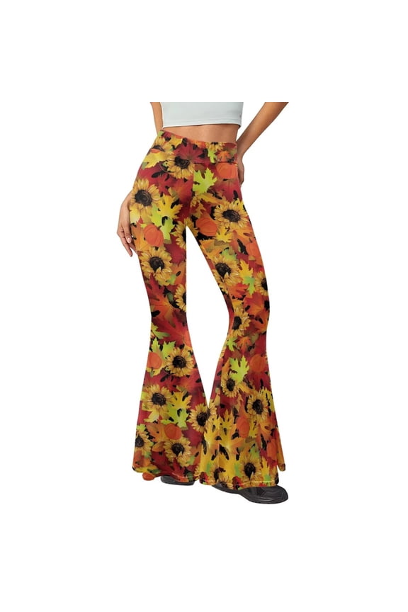 Sunflower Maple Leaves Pumpkin Print Fall High Waist Flare Leggings for Women Thanksgiving Party Tummy Control Yoga Pants Comfy Soft Bootcut Stretchy Pants,Yellow,M