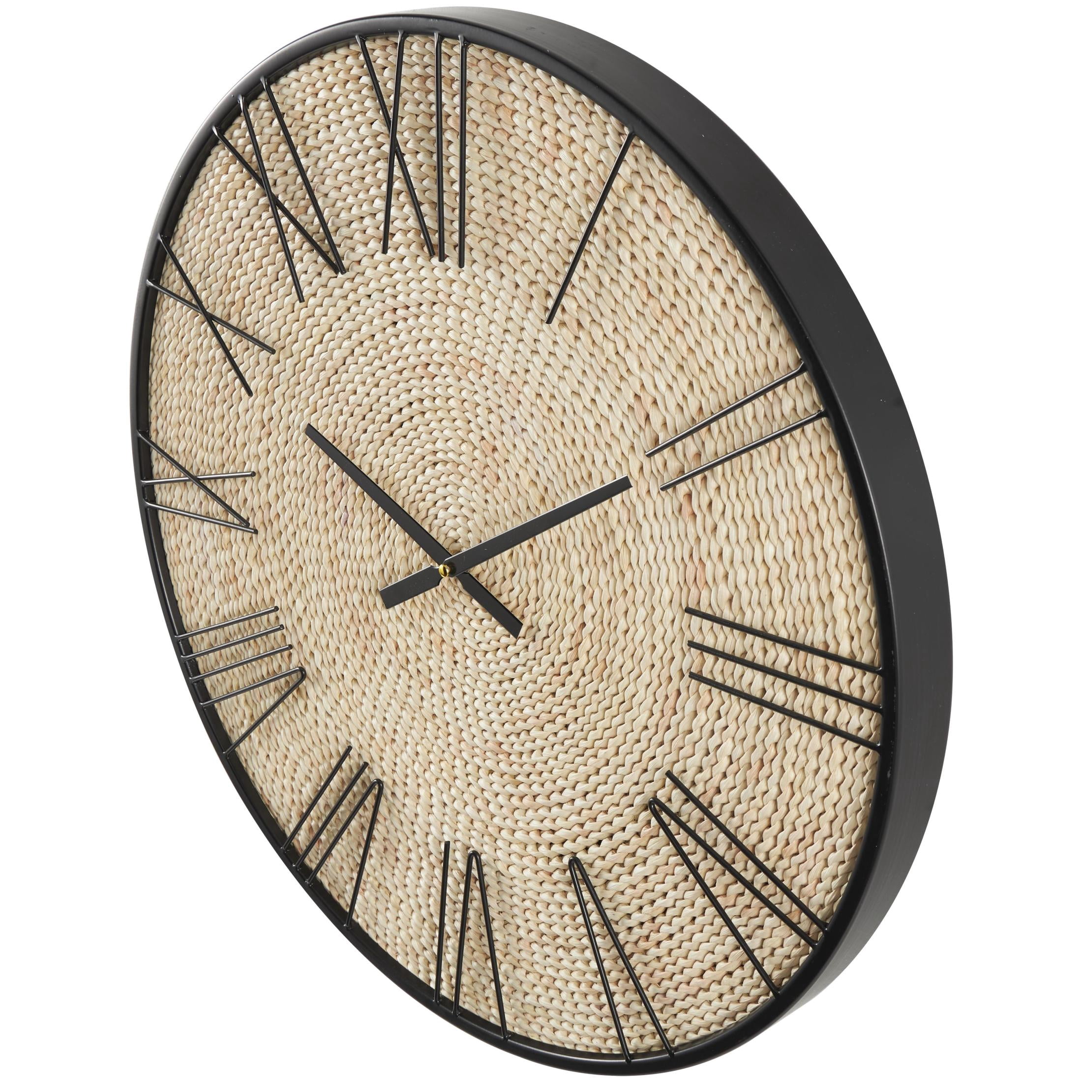 DecMode 24" Brown Jute Rope Coiled Wall Clock with Black Metal Frame