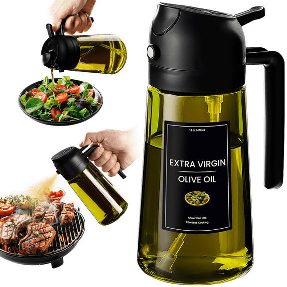 CXINYI 16oz / 470ml Green Glass Olive Oil Spray Bottle with Black Lid - Oil Dispenser for Cooking