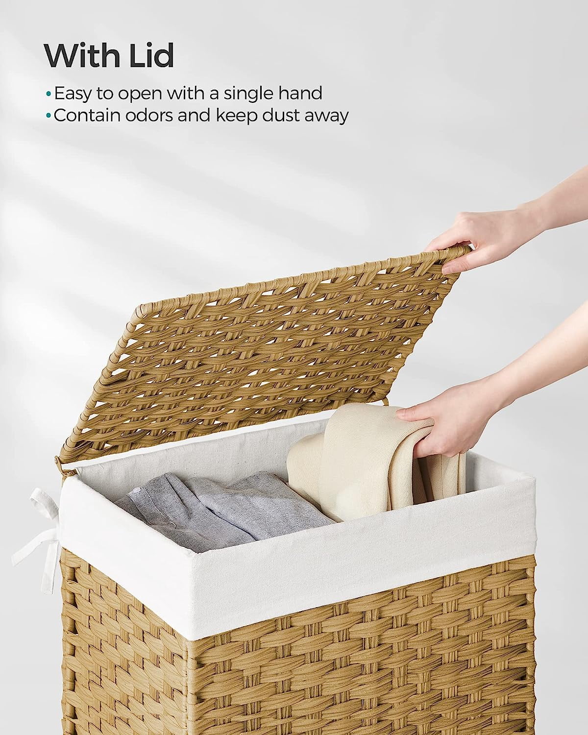 SONGMICS 17.2 Gallon (65L) Wicker Laundry Hamper with Lid Laundry Basket  with Handles Wicker Basket Foldable Removable Liner Bag White 