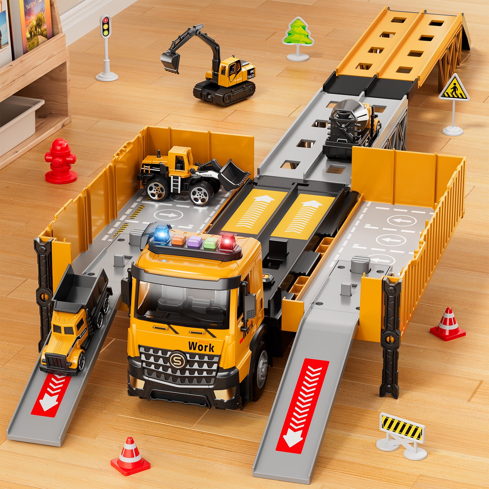 Lucky Doug Construction Truck Toy for Boys Age 3-6, Truck Set Include Launcher, Crane, Race Track, 4 Construction Vehicles - Dump truck, Cement Truck, Bulldozer, Excavator Toys for Kid 3- 6  Boy Gift