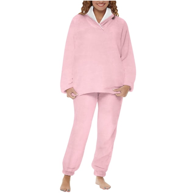 Timegard Ensembles de Pyjama en Molleton pour Femmes 2 Pcs Col en V Manches Longues Hauts Duveteux Pantalon à Bas Resserré Tenues de Détente