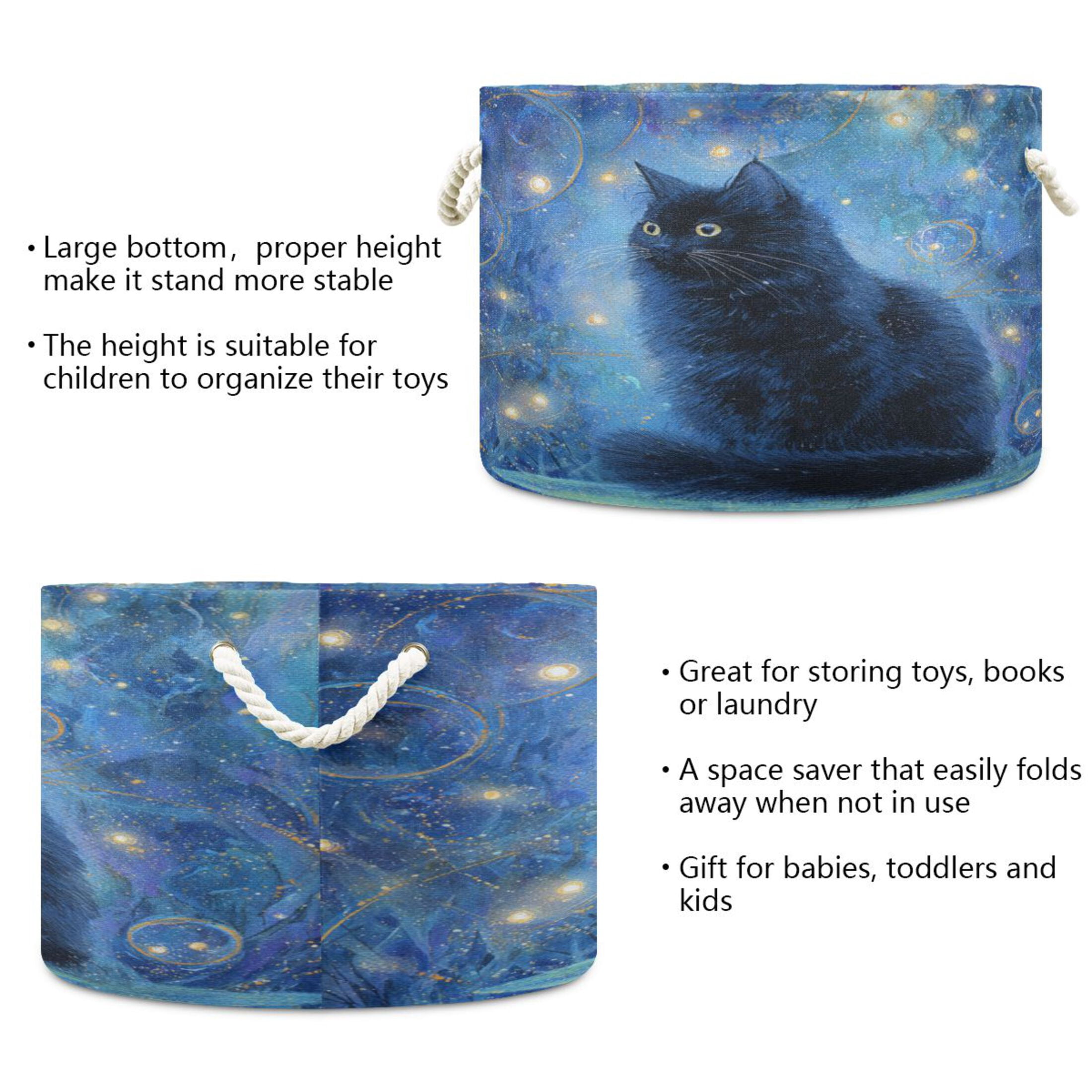 Round Toy Storage Basket Foldable Storage Basket for Home Decor Laundry Basket20" x 14" Dazed Black Cat