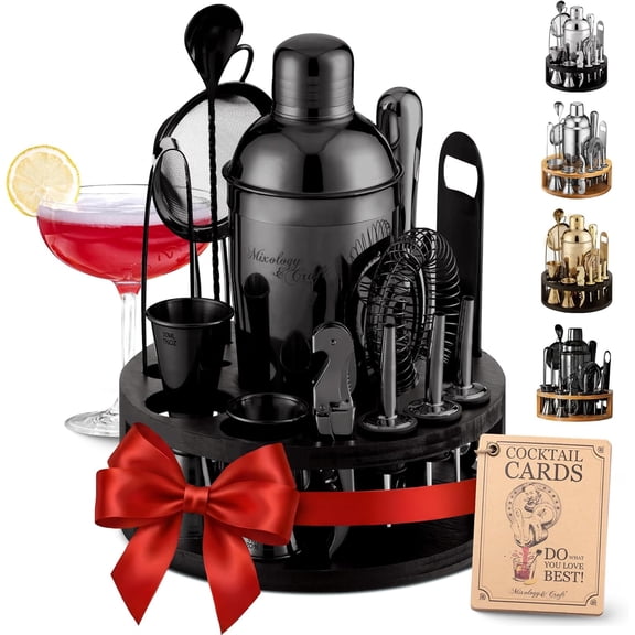 Mixology & Craft Bartender Kit – 15 Piece Cocktail Shaker Set with Bamboo Stand | Complete Cocktail Kit Gift Set | Top Bartender Gifts for Men & Women | Exclusive Recipe Cards (Black)