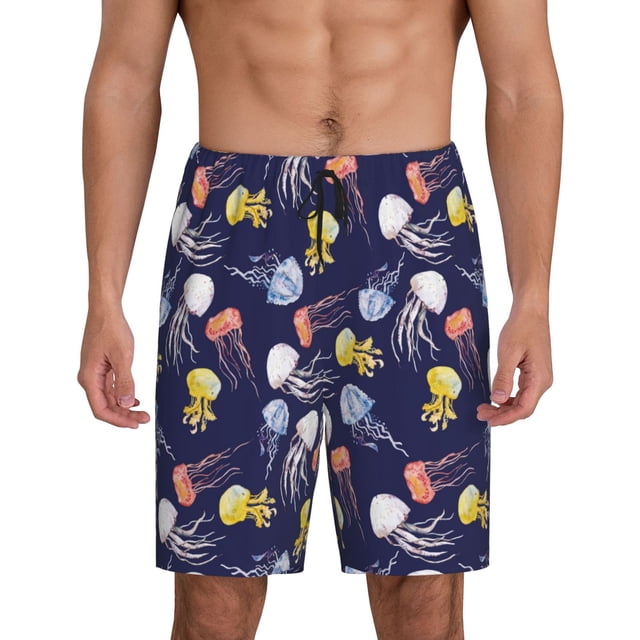 Balery Colorful Jellyfish Pantalones cortos de pijama de punto de algodón para hombre con cinturilla y bolsillos-XX-Large