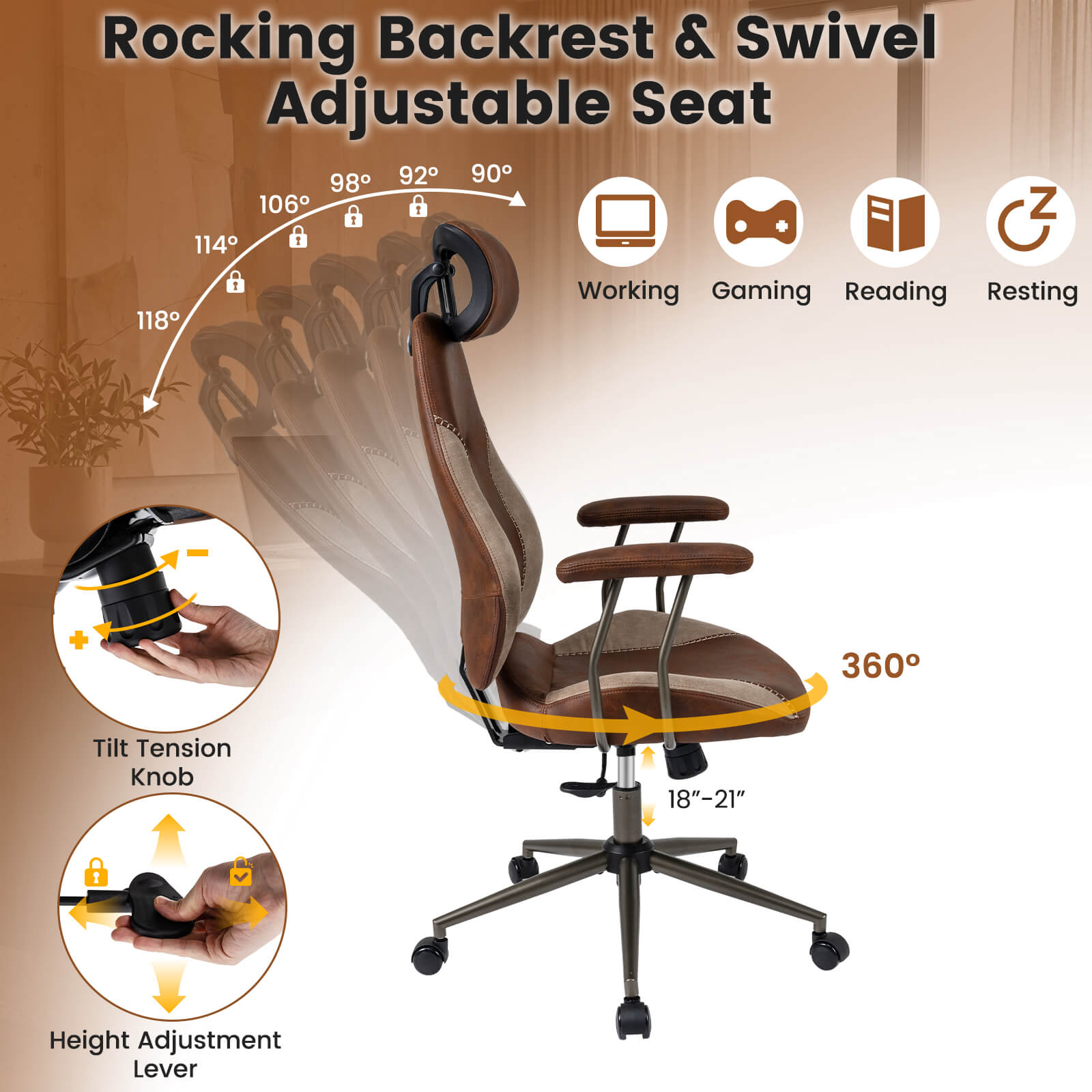 Costway Ergonomic Office Chair with 2D Headrest, Rocking Backrest & Wheels, Gaming Chair Brown & Beige