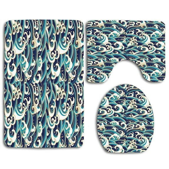GOHAO Traditional Oriental Style Ocean Waves Foam and Splashes 3 Piece Bathroom Rugs Set Bath Rug Contour Mat and Toilet Lid Cover