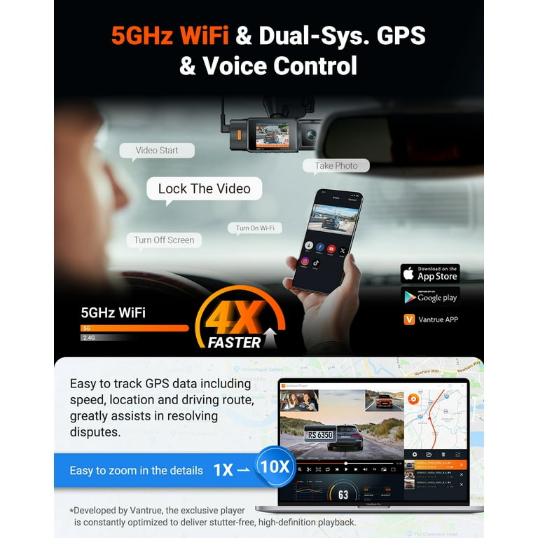 VANTRUE X4S Dashcam WiFi 4K 30FPS, 1440P 60FPS/1080P 120FPS Avant, 3 Pouces IPS Caméra De Bord Embarquée De Surveillance 24H Pour Voiture, Vision Nocture Étoile, Super Condensateur, Capteur G Max 256G