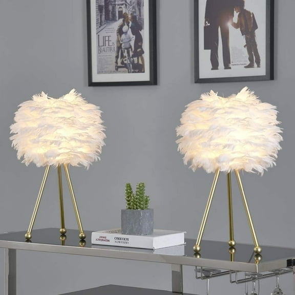 Maxax Feather Table Lamps Set of 2 for Bedroom, 19" Tall Tripod Bedside Table Lamps, Nightstand Lamp with Gold Finish for Bedroom, Living Room, Dining Room, Home Office, White