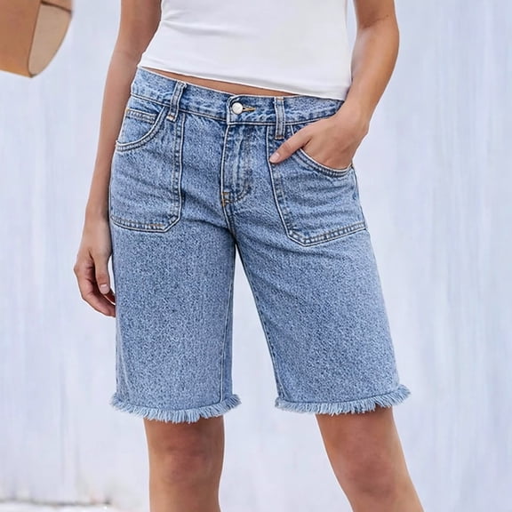 Casual Pants for Women 5 Inch Knee Length Bermuda Casual Straight Leg Jeans with Pockets Mid Waist Distressed Hem Comfort Womens Slacks