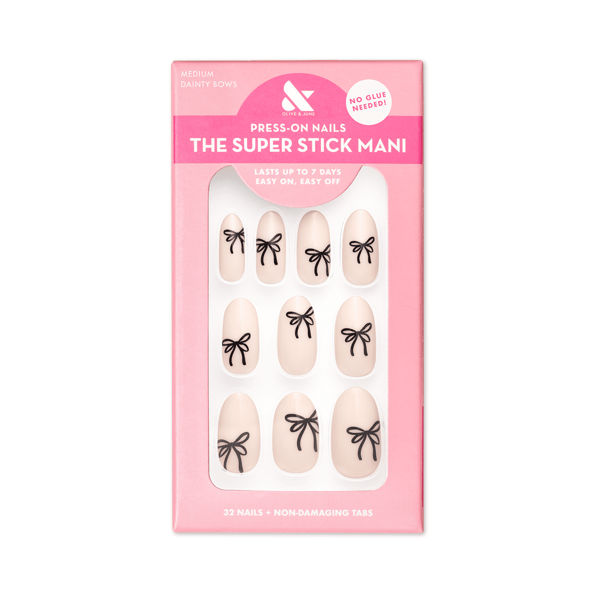 (6 pack) Olive & June Super Stick Mani Short Round Press-On Tabs, Dainty Bows, 32 Pieces