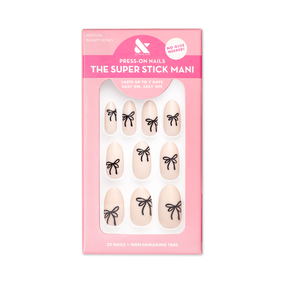 Olive & June Super Stick Mani Short Round Press-On Tabs, Dainty Bows, 32 Pieces