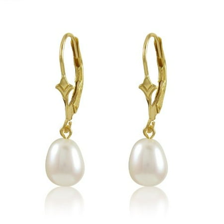 Chalcedony Leverback Earring Genuine Freshwater Cultured White 7-8mm Drop Pearl 10K Gold Fleur De Lis Dangling Leverback Earrings ()