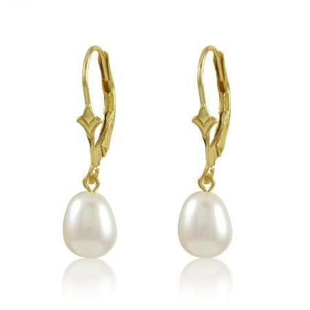 Genuine Freshwater Cultured White 7-8mm Drop Pearl 10K Gold Fleur De Lis Dangling Leverback (Best Quality Pearl Earrings)