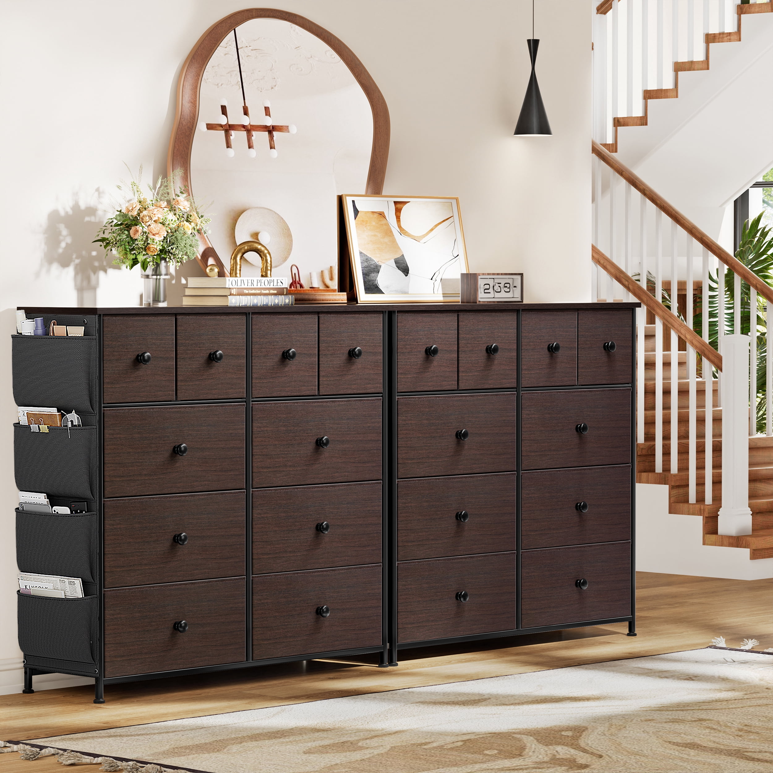 KOUSEI 10 Drawer Dresser,Fabric Dressers for Bedroom,Chest of Drawers with 4 Side Pockets,Storage Drawers,Brown