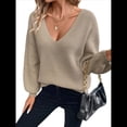 thumbnail image 2 of Suéter de Cuello en V con Hombros Descubiertos para Mujer, Camisa Ajustada de Larga, Suéter con Lazo en la Espalda Beige M, 2 of 9