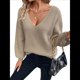 thumbnail image 2 of Suéter de Cuello en V con Hombros Descubiertos para Mujer, Camisa Ajustada de Larga, Suéter con Lazo en la Espalda Beige XL, 2 of 9