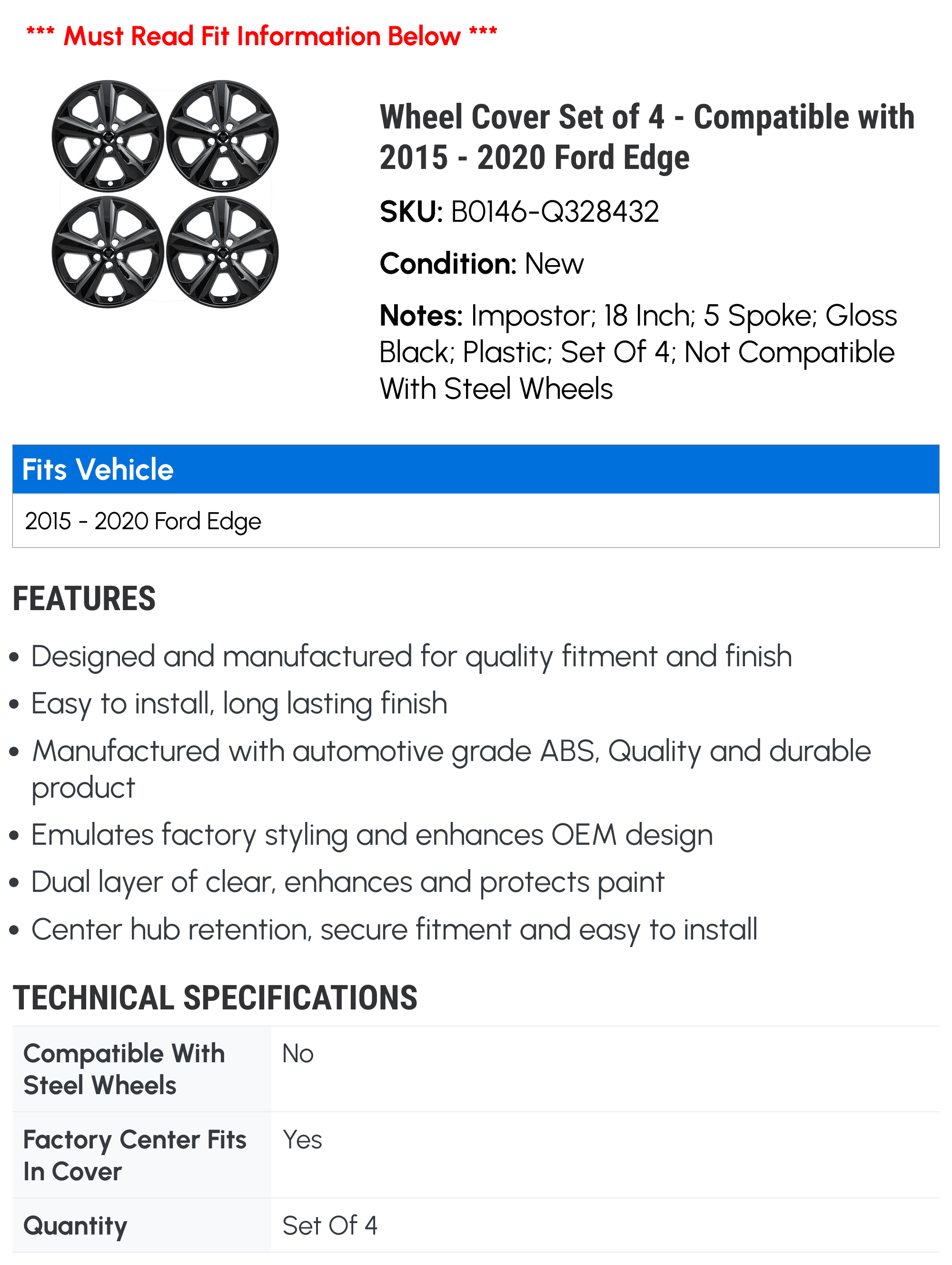 Wheel Cover Set of 4 - Compatible with 2015 - 2020 Ford Edge 2016 2017 2018 2019