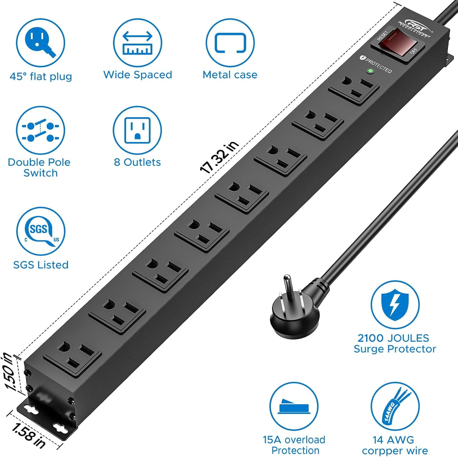 8 Outlet Metal Heavy Duty Power Strip, 2100J Surge Protector with 6FT Cord, 15A/1875W Wide Spaced Mountable Industrial Power Strip for Garage/Workshop/Office