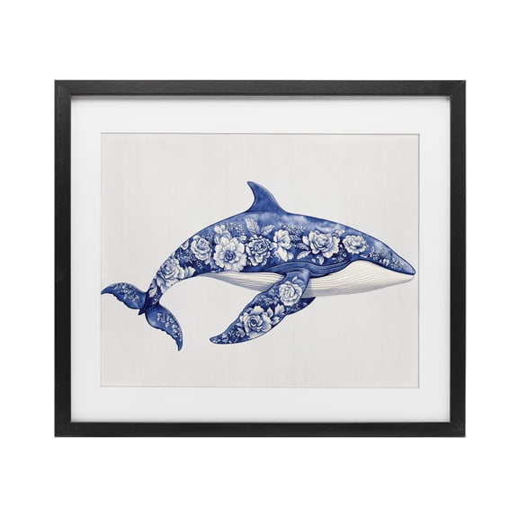 Floral Toile Whale Black Framed Print Under Glass, design by Lettered and Lined