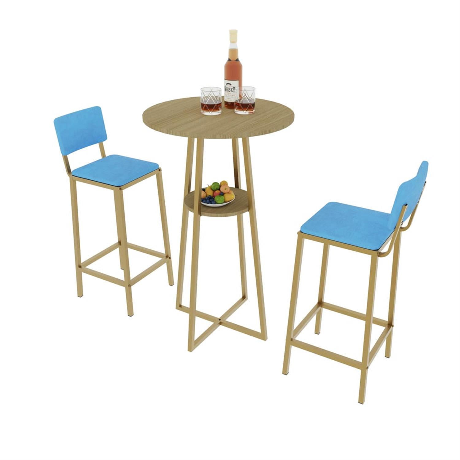 Demi Bonn 3-Piece Dining Table Set with 2 Upholstered Chairs and Storage, Kitchen Bar Table Furniture Sets for Dining Room, Apartment, Blue