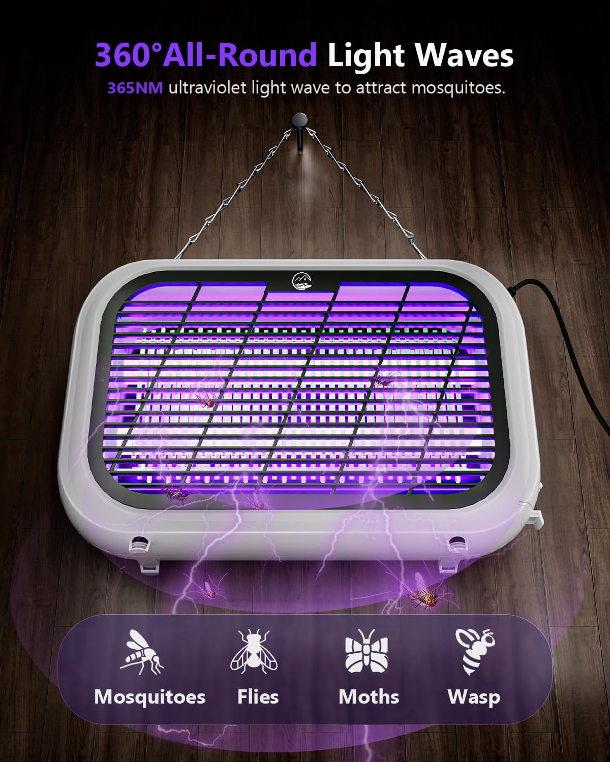 Indoor Electric Bug Zapper, Powerful Fly Zapper with Double-Layer High-Voltage Grid, All-Round Mosquito Catcher for Mosquito/Fly/Moth/Gnat, LED Trap, Removable Tray & 2 Replace Light Tube, Hangable