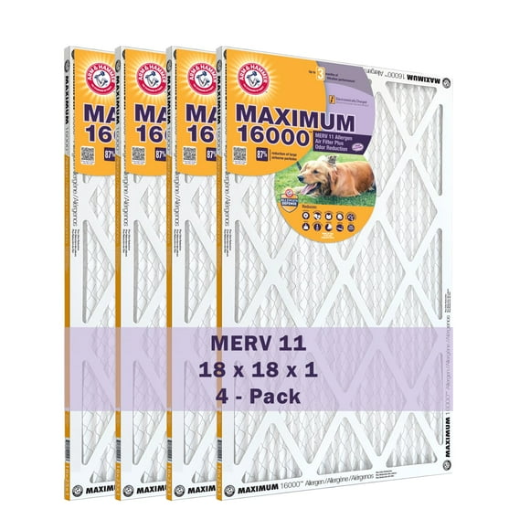 Arm & Hammer Max Allergen & Odor Reduction 18x18x1 Air and Furnace Filter, MERV 11, 4-Pack