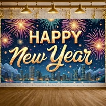 Golden Font Happy New Year Banner Colorful Fireworks New Year Display City Skyline Dark Blue Background Festive Backdrop for New Year Party Holiday Celebration Night Event