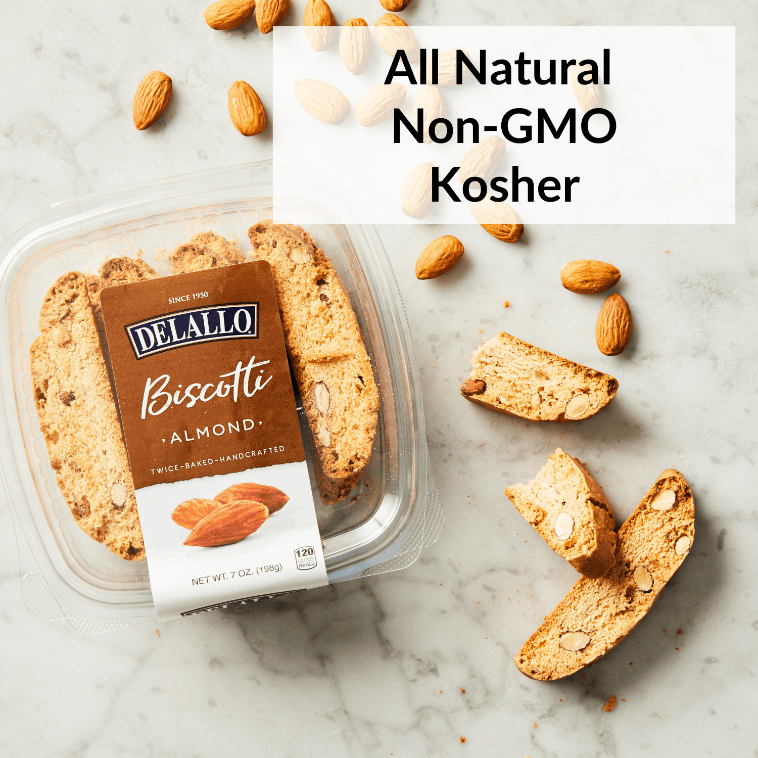 DeLallo Almond Biscotti Cookies, Non-GMO, 7 oz Container, (4 Pack)