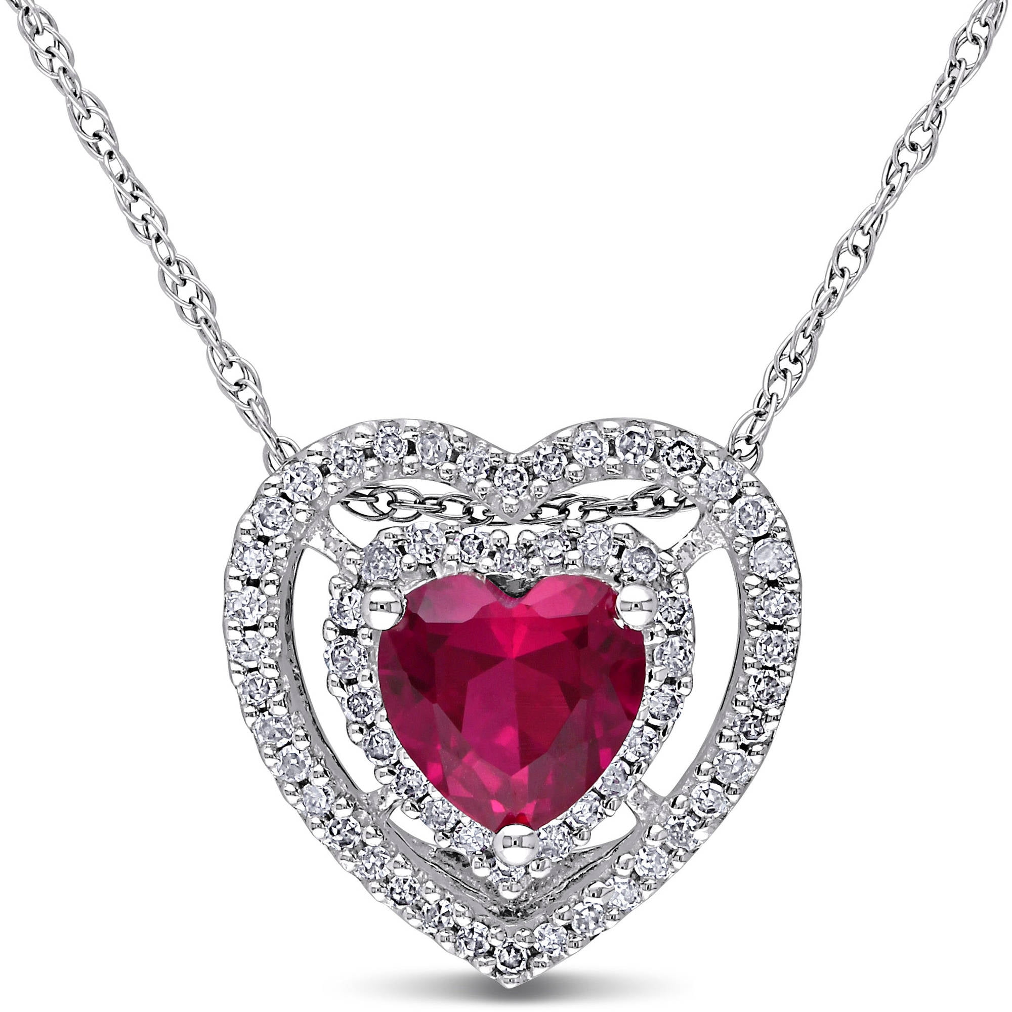 1 Carat T.G.W. Created Ruby and 1 5 Carat T.W. Diamond 10kt White Gold Double Halo Heart Pendant, 17" by Miabella