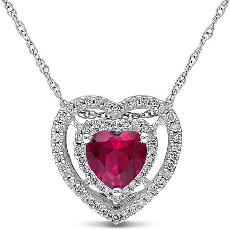 1 Carat T.G.W. Created Ruby and 1/5 Carat T.W. Diamond 10kt White Gold Double Halo Heart Pendant, 17