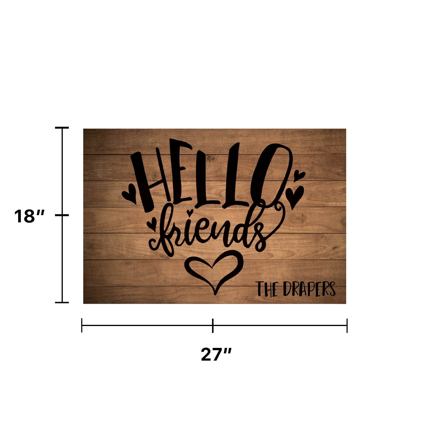 Personalized Planet 27x18 Hello Friends Doormat with Custom Family Name Printed on Brown Rectangular 1/8” Thick Non Slip Mat with Heart Design for Kitchen Hallway Deck or Porch