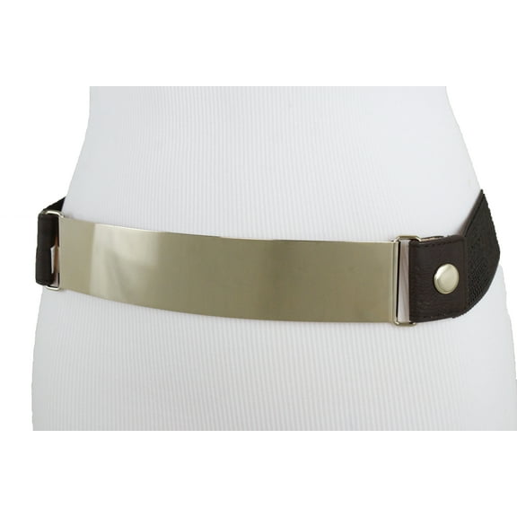 Women Elastic Dark Brown Fabric Gold Metal Plate Belt Size S M